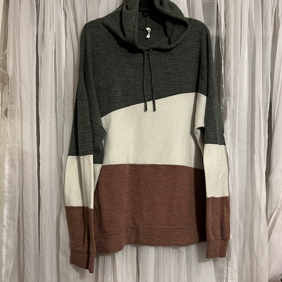 Pullover Hoodie Sweater By Beeson River/Brown Cream & Army Green Stripes size - Picture 10 of 11